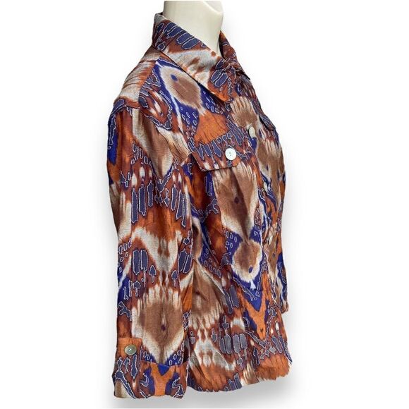 Ruby Rd Mesh Cutout Feather Ikat  Shell Button Flap Pocket Tab Sleeve Blouse - Picture 3 of 16